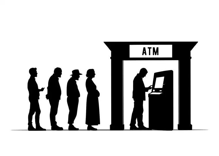 Silhouettes of people queuing at an ATM