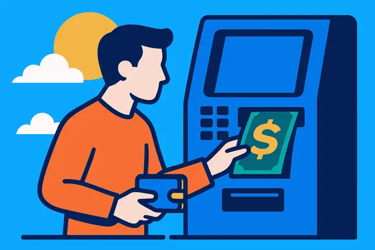 Illustration of a person using a large blue ATM terminal with a dollar symbol on screen