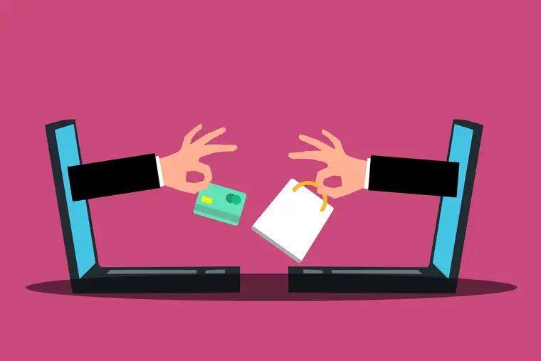 Illustration of cash being exchanged for a document across two screens