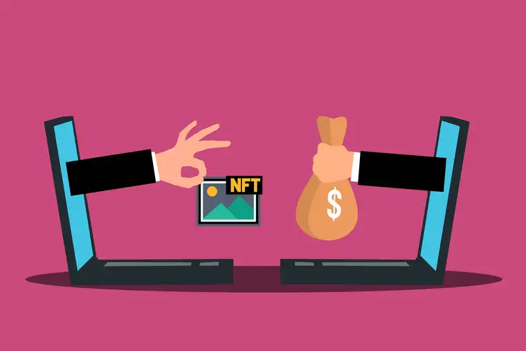 Illustration of a digital asset being exchanged for a bag of money between two screens