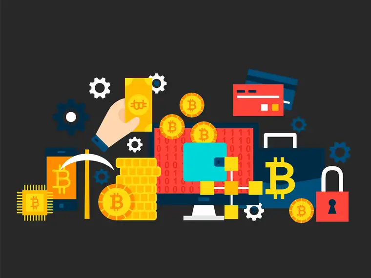 Illustration of cryptocurrency icons, locks and digital infrastructure