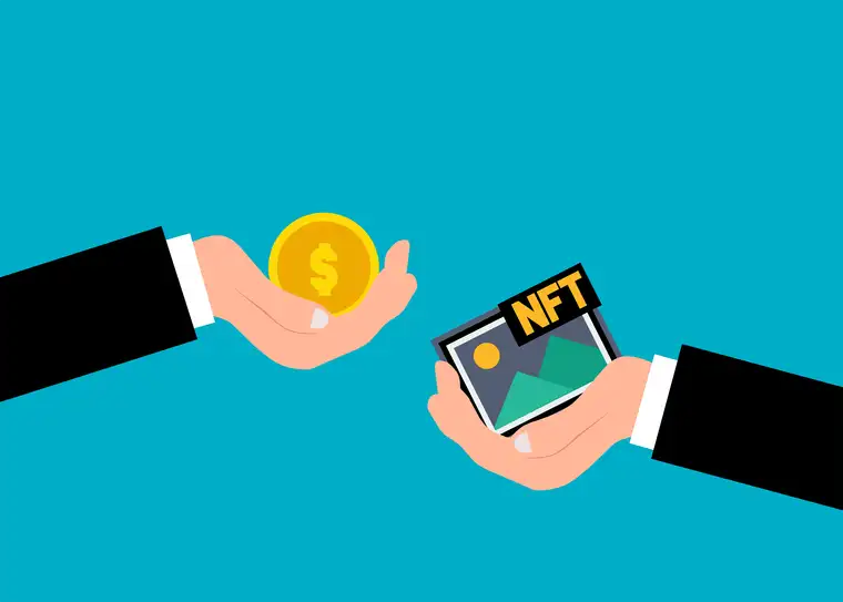 Illustration of a hand offering a gold coin in exchange for a digital asset on a phone screen